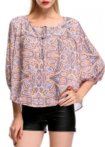 Rosewe Three Quarter Sleeve Round Neck Printed Chiffon Blouse