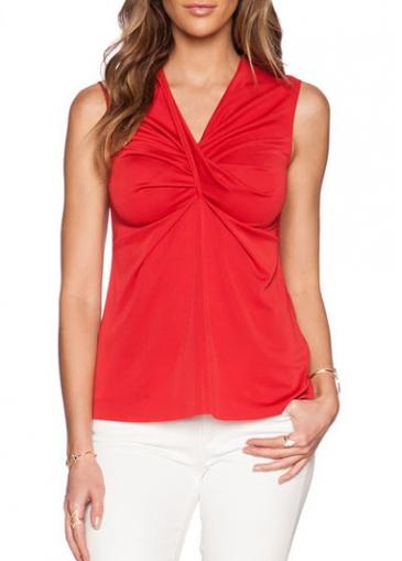 Rosewe V Neck Solid Red Sleeveless Blouse
