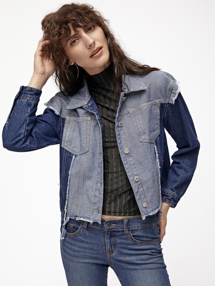 Shein Contrast Button Up Frayed High Low Denim Jacket