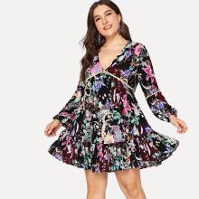 Shein Plus Dot Lace Insert Ruffle Hem Floral Dress