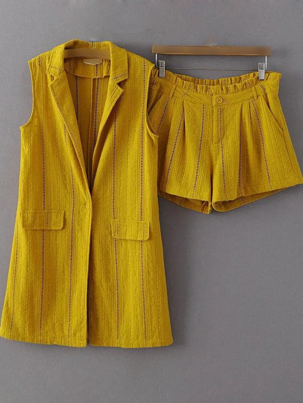Shein Yellow Lapel Blazer With Zipper Shorts