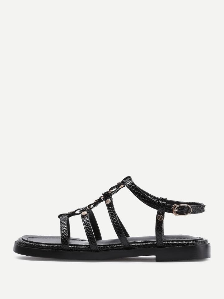 Shein Studded Detail Pu Strappy Flat Sandals