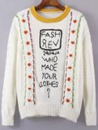 Shein White Crew Neck Letters Pattern Sweater