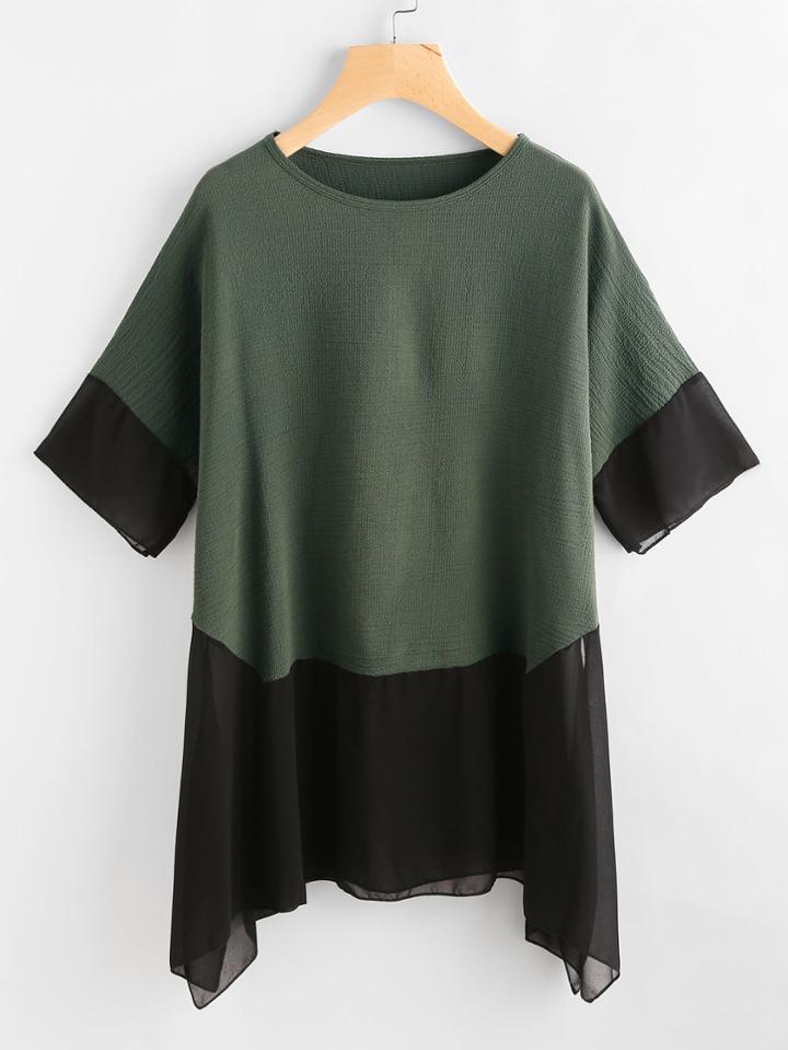 Shein Contrast Chiffon Panel Hanky Hem Top