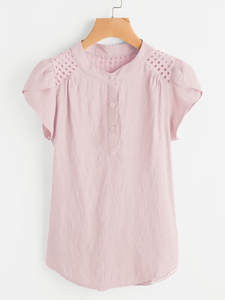 Shein Petal Sleeve Laser Cutout Yoke Blouse