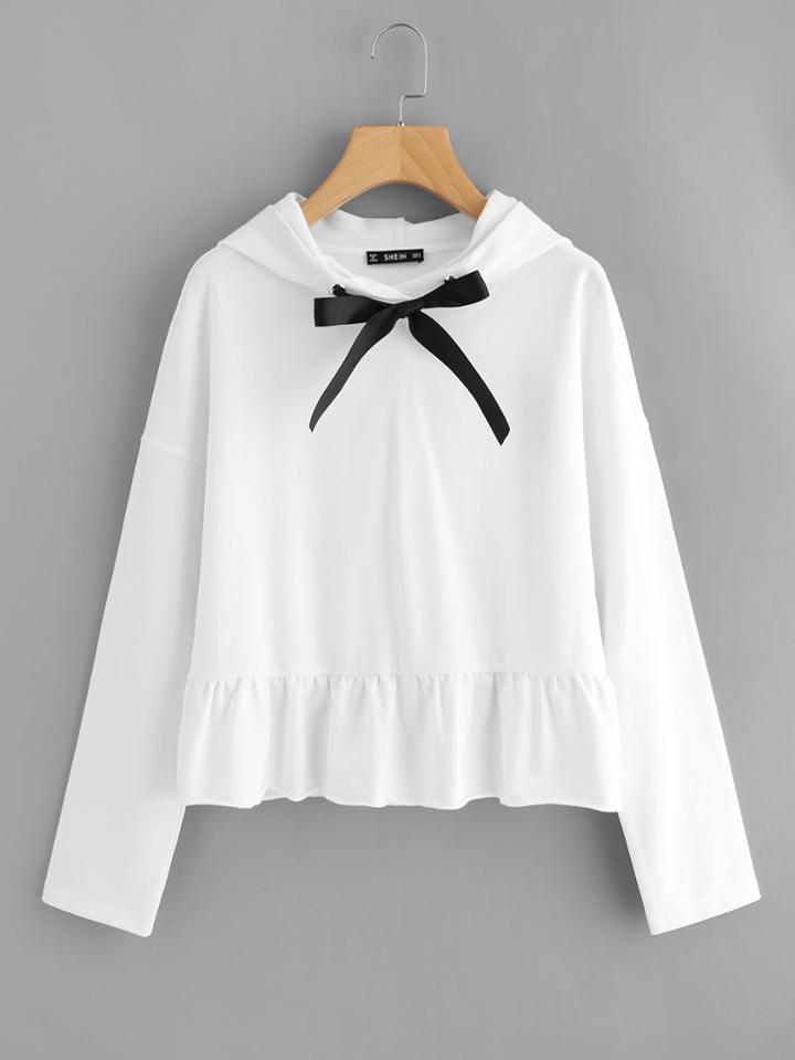 Shein Ribbon Drawstring Frilled Hem Hoodie