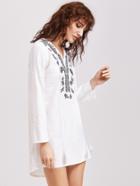 Shein White Embroidered Tassel Tie Dip Hem Dress