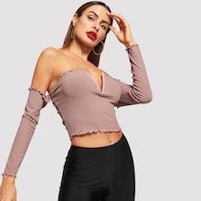 Shein Ribbed Knit Frill Solid Tee