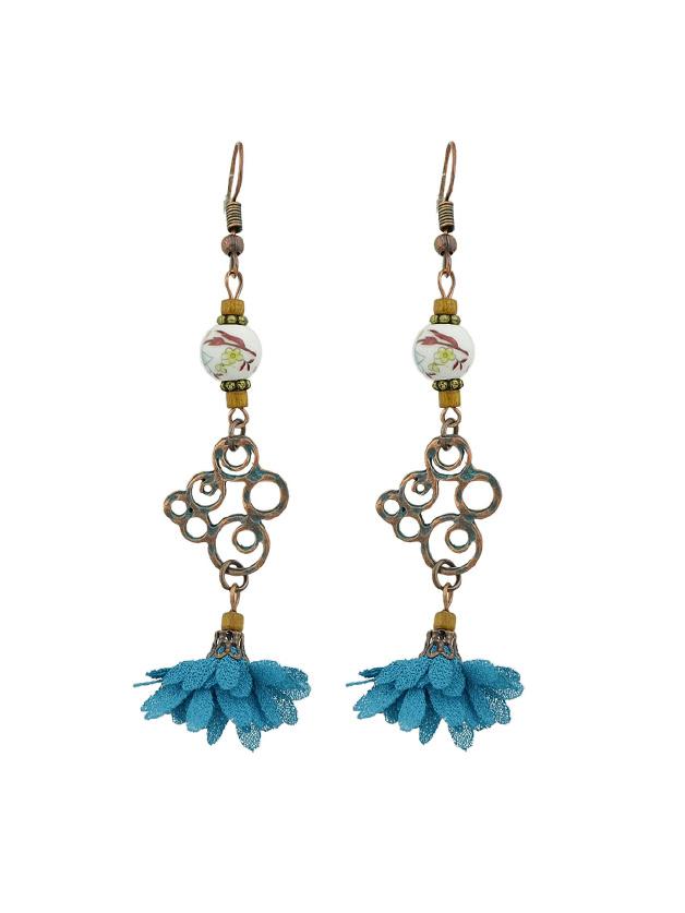 Shein Blue Bohemian Style Cute Flower Tassel Long Dangle Earrings