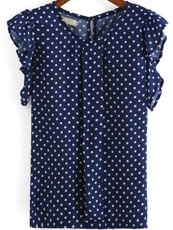 Shein Blue Round Neck Ruffle Sleeve Polka Dot Blouse