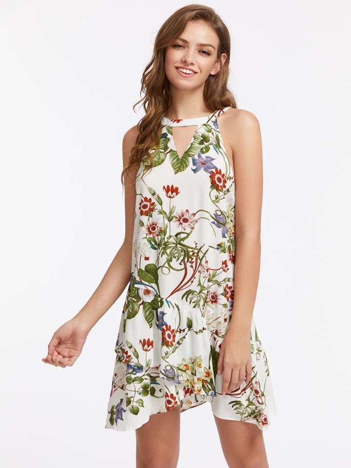 Shein Double Keyhole Halter Asymmetric Tiered Hem Botanical Dress