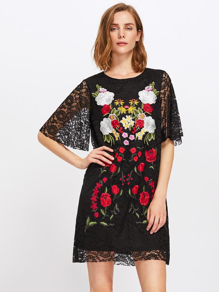 Shein Flutter Sleeve Embroidered Lace Overlay Dress