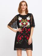Shein Flutter Sleeve Embroidered Lace Overlay Dress