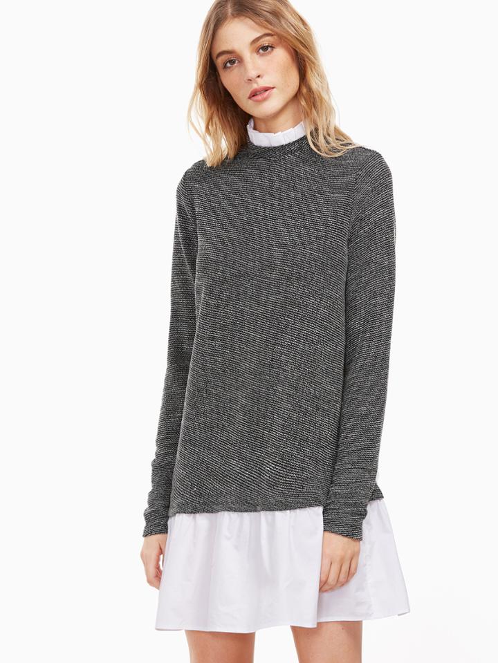 Shein Black Ribbed Contrast Ruffle Collar And Hem Dress