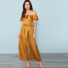 Shein Ruffle Trim Off Shoulder Tie Waist Jumpsuit