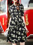 Shein Black Lapel Flowers Print A-line Dress