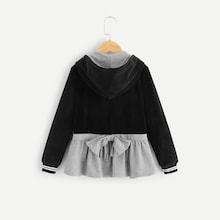 Shein Girls Embroidered Detail Two Tone Zip Up Velvet Hoodie