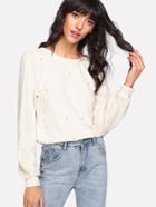 Shein Pearl Beading Button Up V Back Top