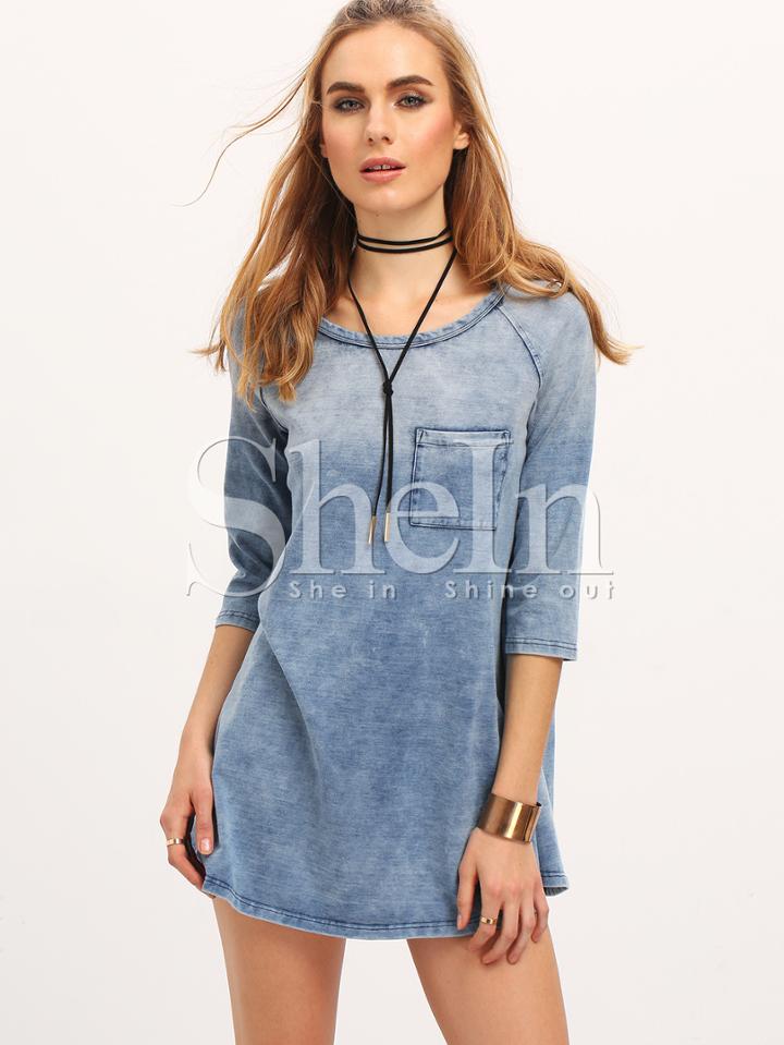 Shein Denim Blue Half Sleeve Pockets Blouse