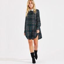 Shein Contrast Collar Curved Hem Plaid Shirt Dress