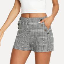 Shein Button Detail Pocket Side Plaid Shorts