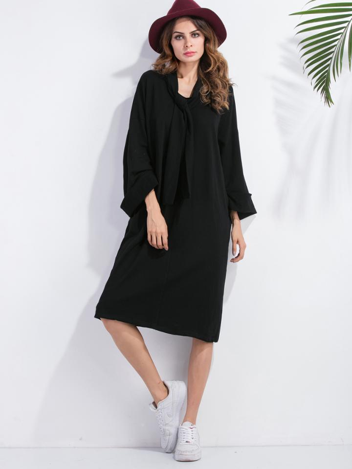 Shein Black Tie Neck Drop Shoulder Cuffed Dress