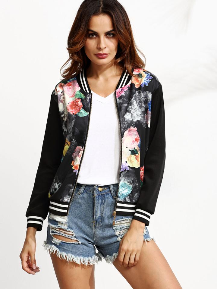 Shein Black Floral Print Striped Hem Baseball Jacket