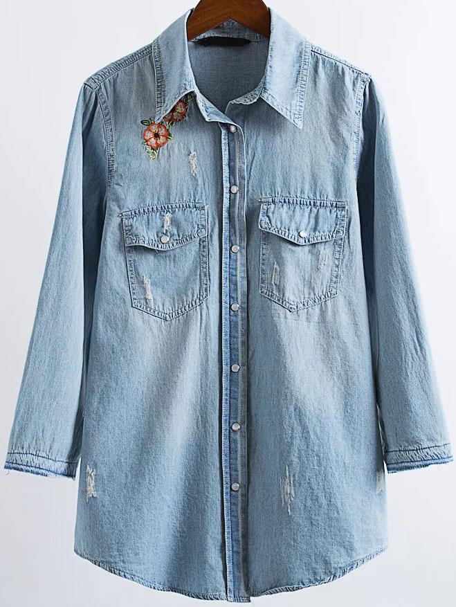 Shein Blue Flower Embroidery Denim Blouse