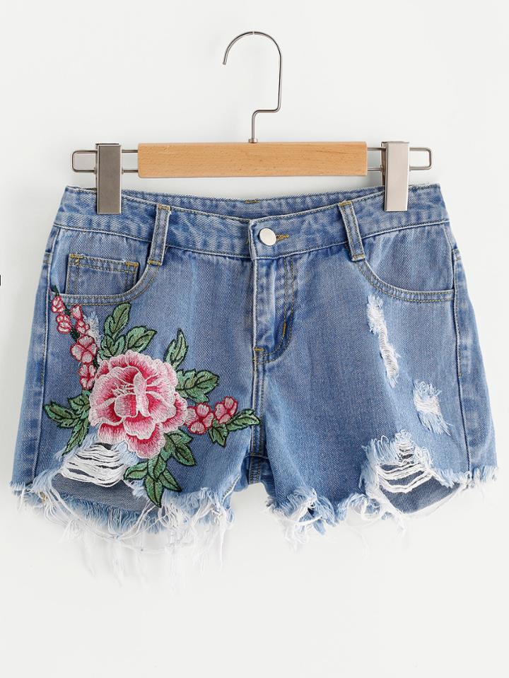 Shein Flower Embroidered Destroyed Denim Shorts
