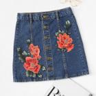 Shein Flower Appliques Button Front Denim Skirt