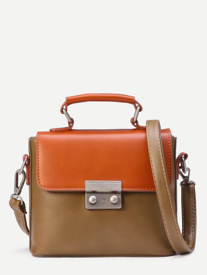 Shein Coffee Contrast Flap Pushlock Closure Satchel Bag