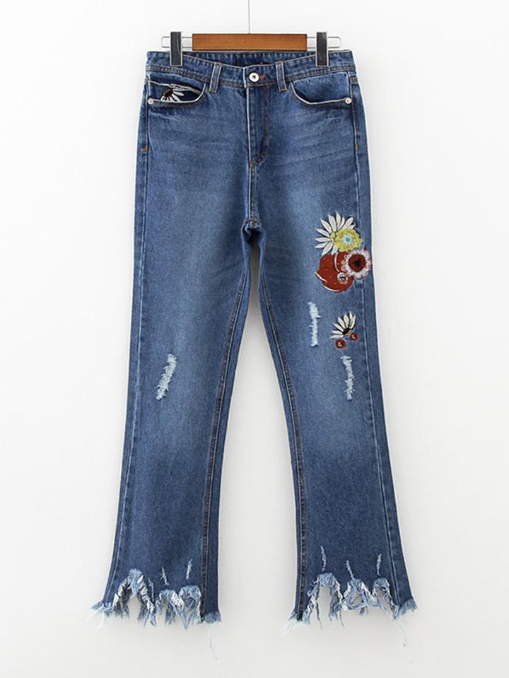 Shein Raw Hem Flower Embroidery Jeans