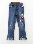 Shein Raw Hem Flower Embroidery Jeans