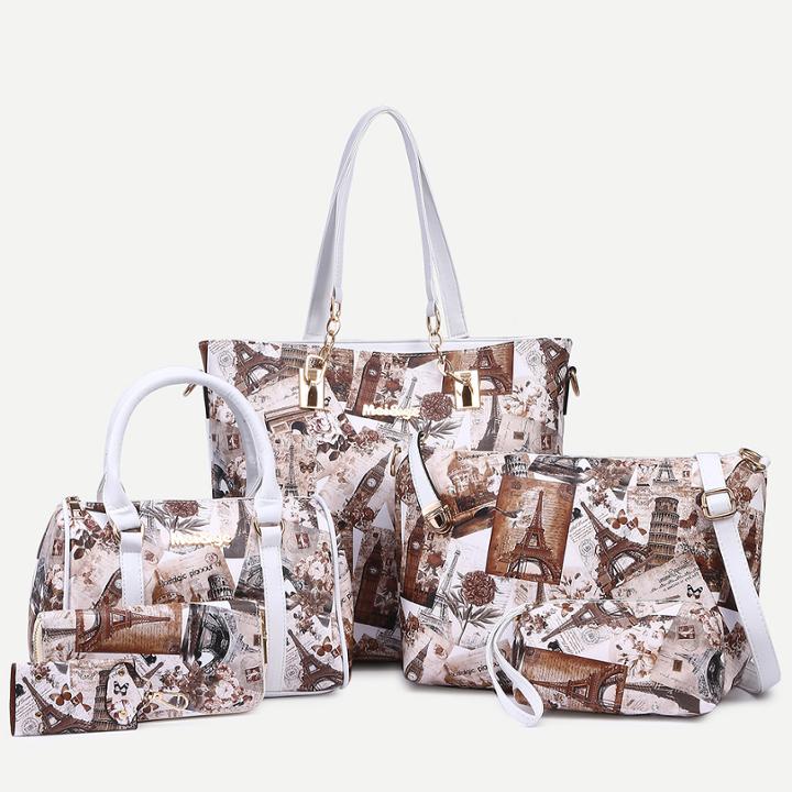 Shein Brown Architecture Print 6pcs Bag Set