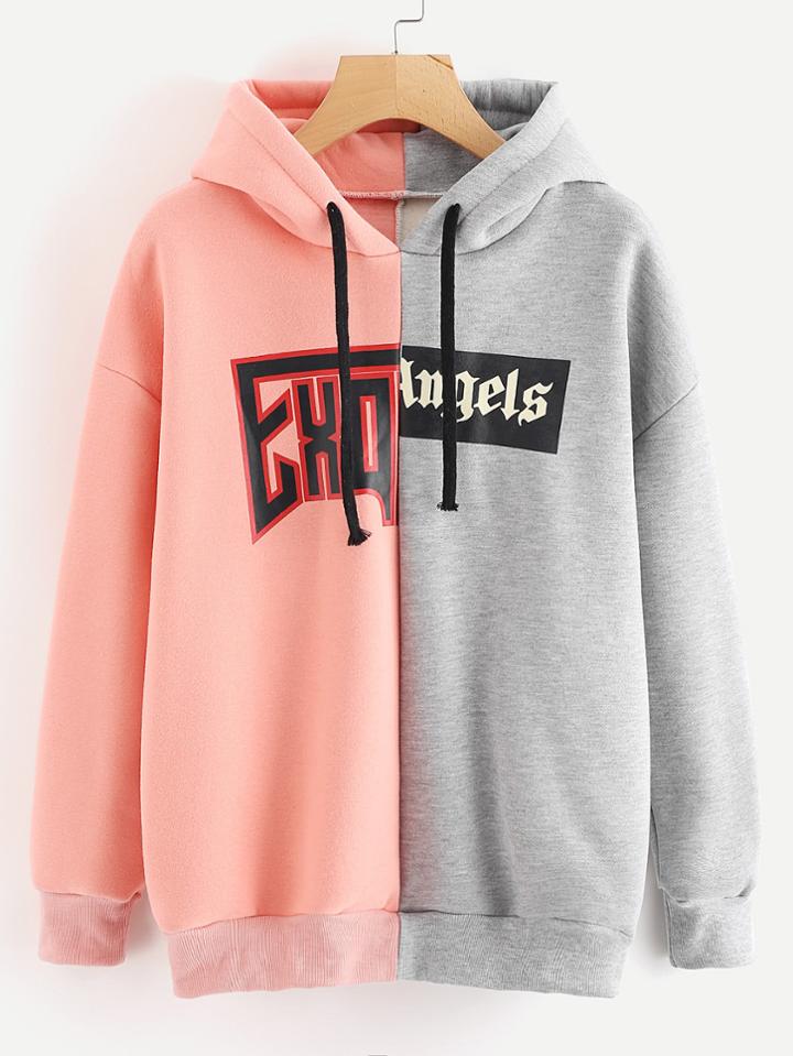 Shein Two Tone Letter Print Hoodie