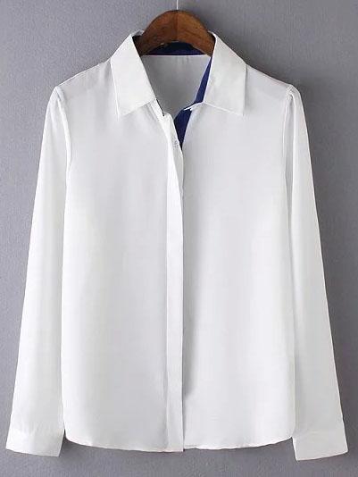 Shein White Lapel Long Sleeve Loose Chiffon Blouse