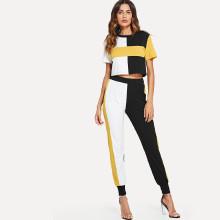 Shein Color Block Crop Top & Elastic Hem Pants Set
