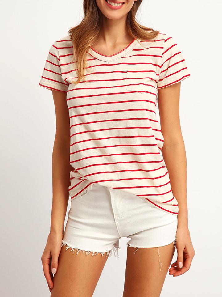 Shein Red Apricot V Neck Striped Pocket T-shirt