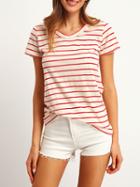 Shein Red Apricot V Neck Striped Pocket T-shirt