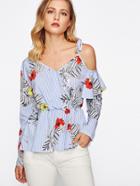 Shein Random Print Asymmetric Tie Shoulder Surplice Blouse