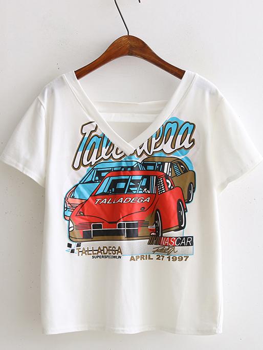 Shein White V Neck Car Printed T-shirt