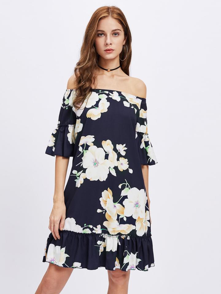 Shein Bardot Flute Sleeve Frill Trim Florals Dress