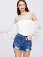 Shein White Contrast Sheer Mesh Tiered Bell Sleeve Top