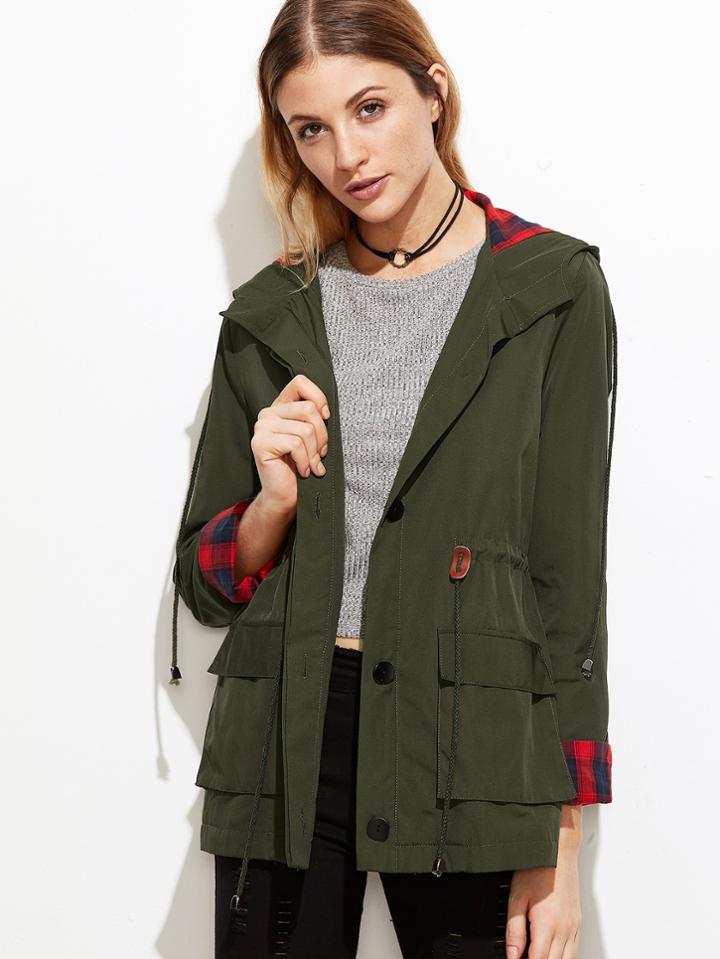 Shein Plaid Lining Drawstring Waist Hooded Utility Jacket