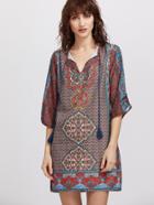 Shein Tribal Print Tassel Tie Neck Slit Side Dress