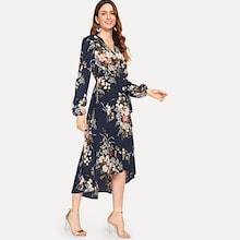 Shein Knot Side Surplice Wrap Asymmetrical Floral Dress