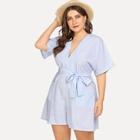 Shein Plus Pocket Patched V Neck Belted Romper