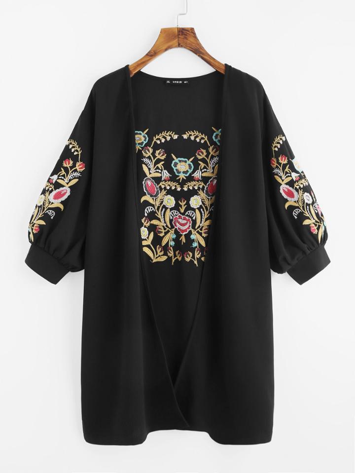 Shein Lantern Sleeve Open Front Embroidered Coat