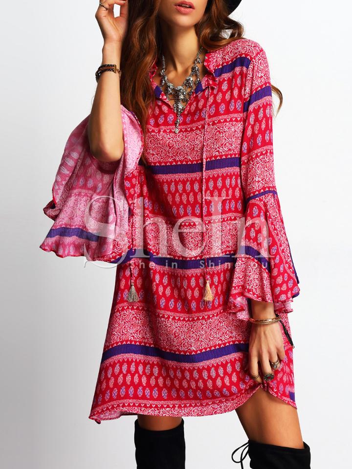 Shein Bell Sleeve Tassel Vintage Print Dress