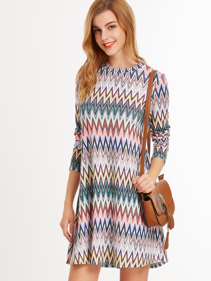 Shein Multicolor Chevron Print Long Sleeve A Line Dress